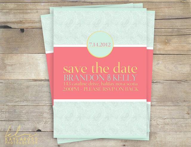 Summery wedding invitation. Turquoise, Pink and yellow.